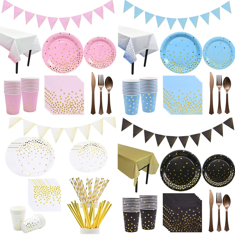 Золотые синие/розовые/черные бумажные тарелки в горошек чашка соломенная