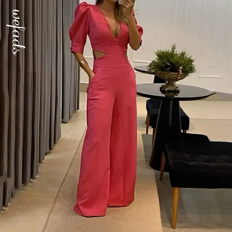 

Женский комбинезон Wefads с вырезами, однотонный пикантный комбинезон с V-образным вырезом, пышными рукавами и широкими штанинами, высокая ули...