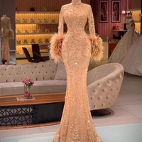2022 elegant womens evening dress with feathers long sleeve lace sequined luxury prom gowns sexy mermaid vestido de novia