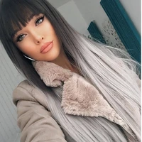 24inch long straight black silver gray ombre wig bangs for white women synthetic wigs natural hair peruca pelucas