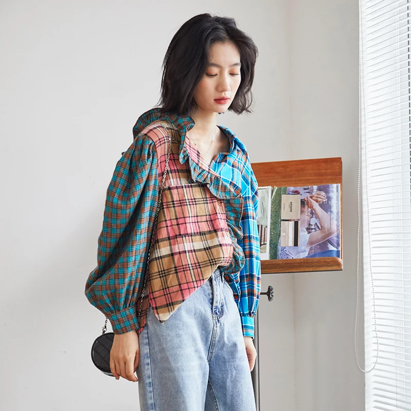 

Fashion Hit Color Women Plaid Shirt Female Ruffle V-Neck 2021 Women New Blouses Tops