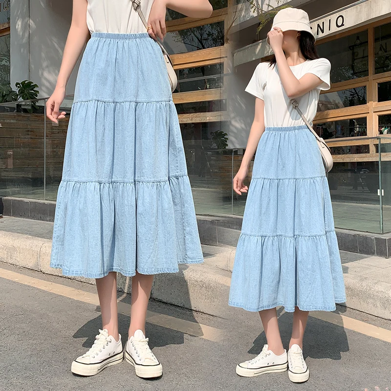 Женская джинсовая юбка А силуэта однотонная облегающая средней длины составного