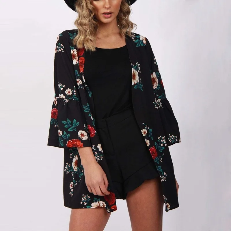 

Новая Осенняя Женская свободная куртка с цветочным принтом, три четверти, черная тонкая женская куртка с v-образным вырезом и рукавом-бабочк...