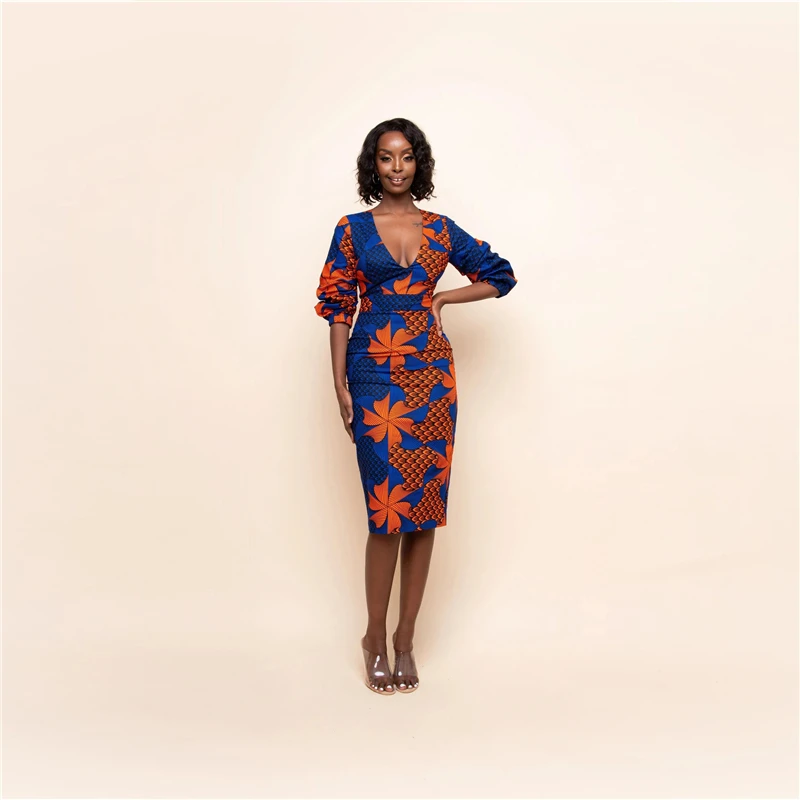 

New Summer African Style Dress for Women V-Neck Long Sleeve Flower Print Skirt Fashion Sexy Evening Dresses Women's Clothing