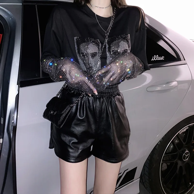 

2021 new heavy industry hot diamond glittering short-sleeved T-shirt female stitching fake two-piece blouse