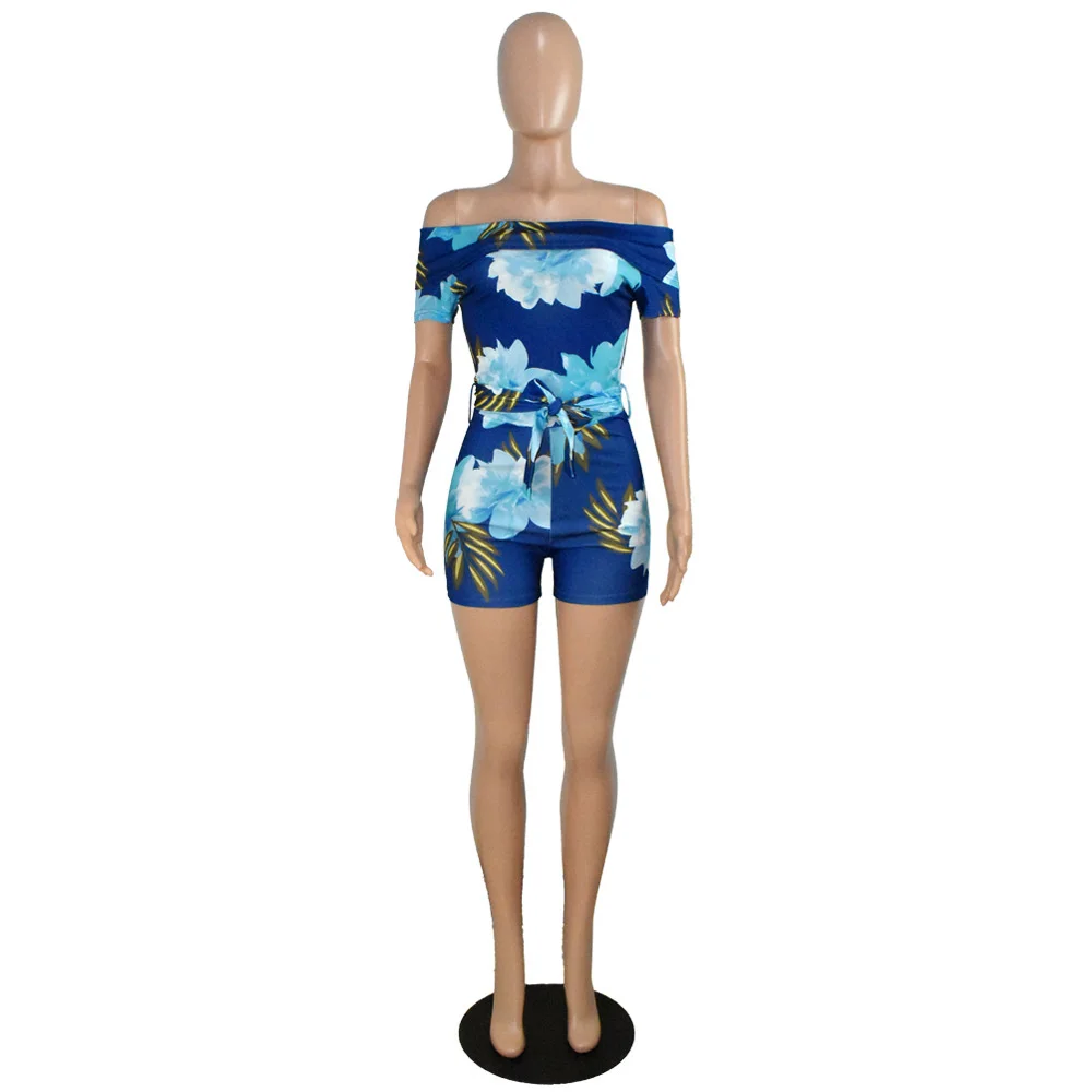 

SUJYing New Women's Summer Boat Neck Casual Pants Fashion Printed One-piece Jumpsuit Shorts