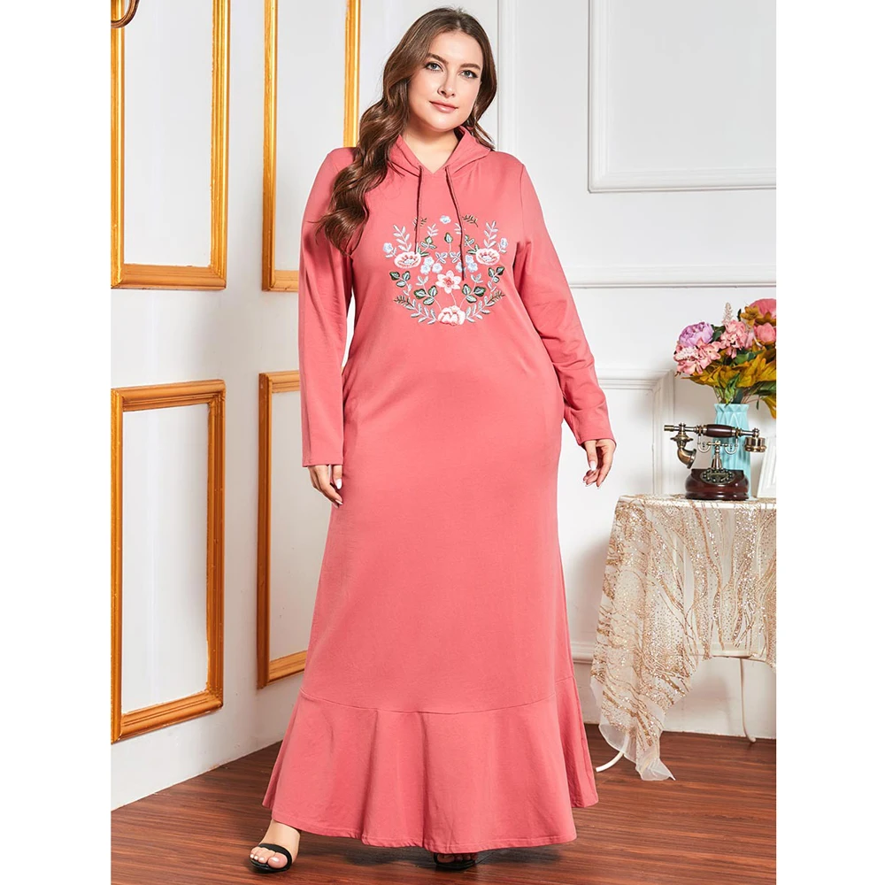 

Женское Повседневное платье-свитшот с капюшоном и карманом Abaya, свободное Спортивное платье с цветочной вышивкой, арабское платье