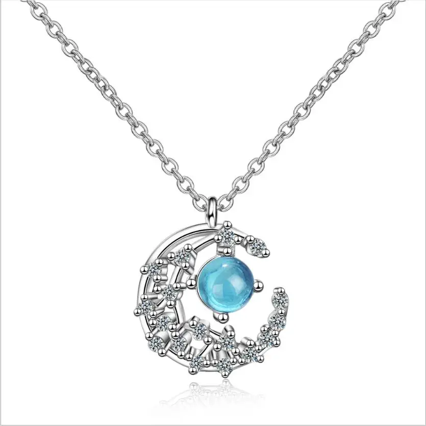 

Luxury Crystal Blue Moon Pendant Necklace For Girls Bride Wedding Accessories Fashion Silver Plated Women Jewelry Princess Bijou