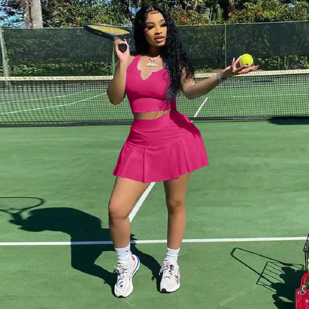 

Active Sportswear Fitness Two Piece Set Women's Costumes Deep V Neck Sleeveless Tank Top and Pleated Culottes Female Clothing