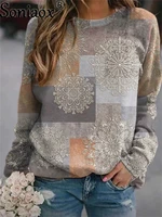 2021 casual autumn women patchwork sweatshirt loose long sleeve print color matching spring elegant ladies street pullover tops