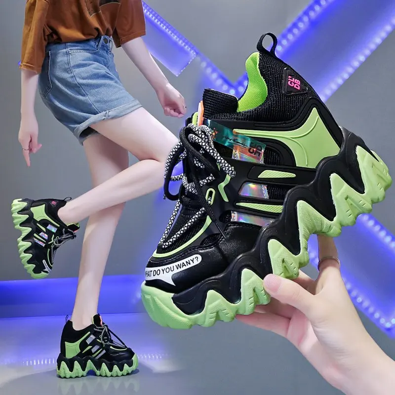

Women Chunky Sneakers Fashion Height Increasing Mesh Breathable Casual Shoes Brand Lace-Up Wedges Sneakers Platform Shoes Woman