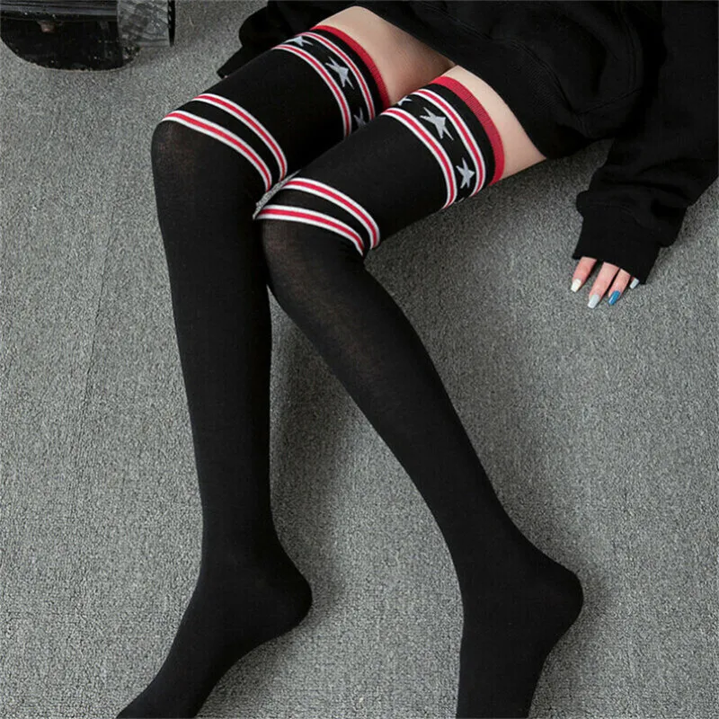 Women Girls Socks Japan South Korea Stockings Cotton Thigh High Over Knee Striped Print Long | Женская одежда