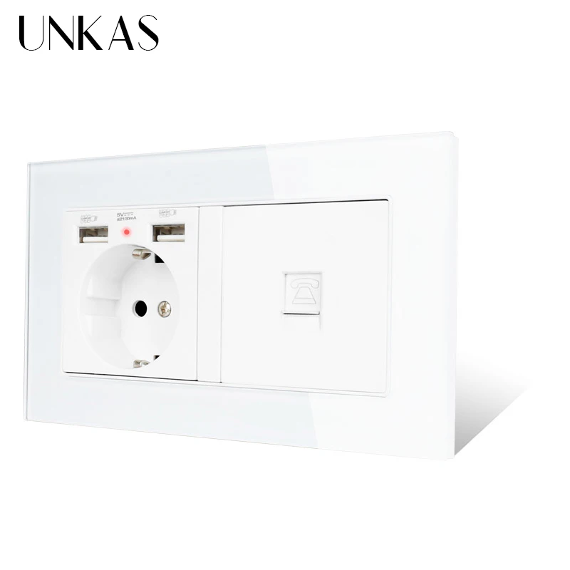 UNKAS розетка европейского стандарта с 2 USB портами для зарядки + 1 Gang RJ11 ядерный