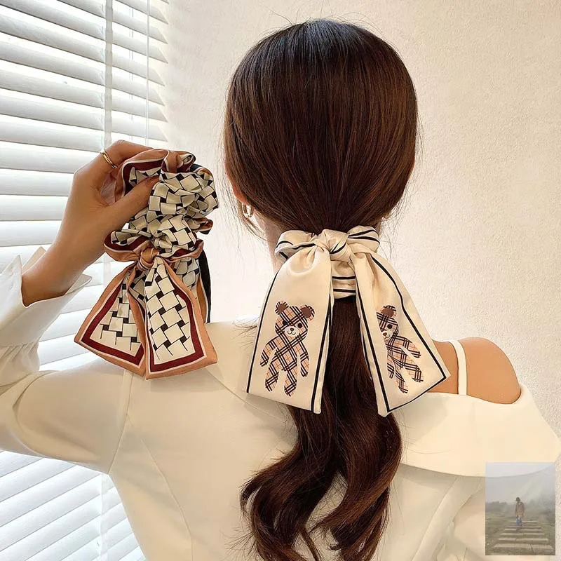 

Temperament Women Retro Satin Ribbon Intestine Hair Rope Houndstooth Letter Print Hairbands Scrunchie Hairwear Hair Accessory