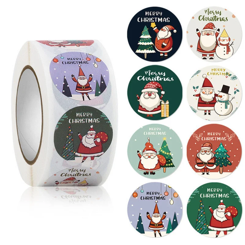 

500Pcs Christmas Gift Box Round Labels Kraft Paper Santa Claus Sticker Bag Wreath Gift Box Cake Box Packaging Christmas Stickers