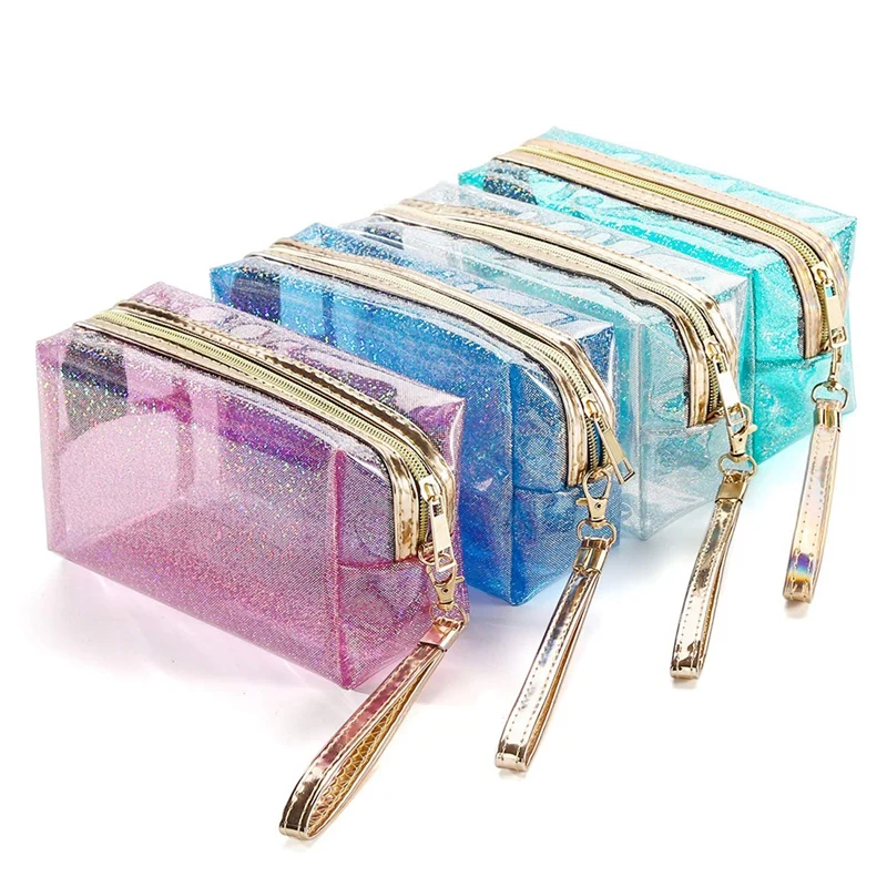 

4 Pcs Waterproof Cosmetic Bags PVC Transparent Zippered Toiletry Bag with Handle Strap Portable Clear Makeup Bag Pouch.