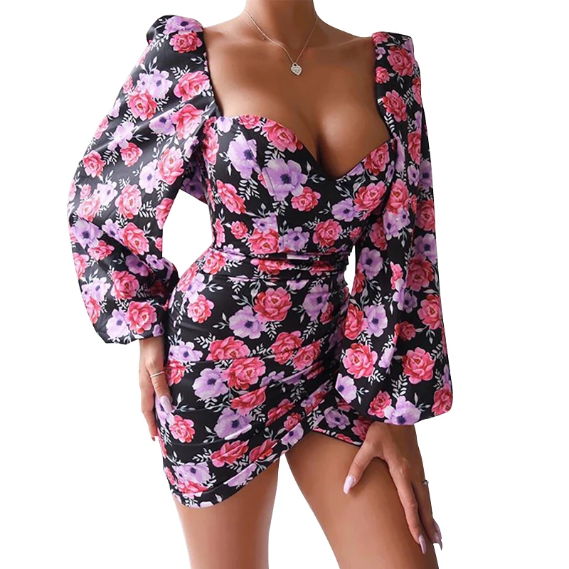 

Trendy Womens Personality Lantern Sleeve Dress V-neck Fashion Flower Pattern Sexy Square Collar Skinny Mini Dresses