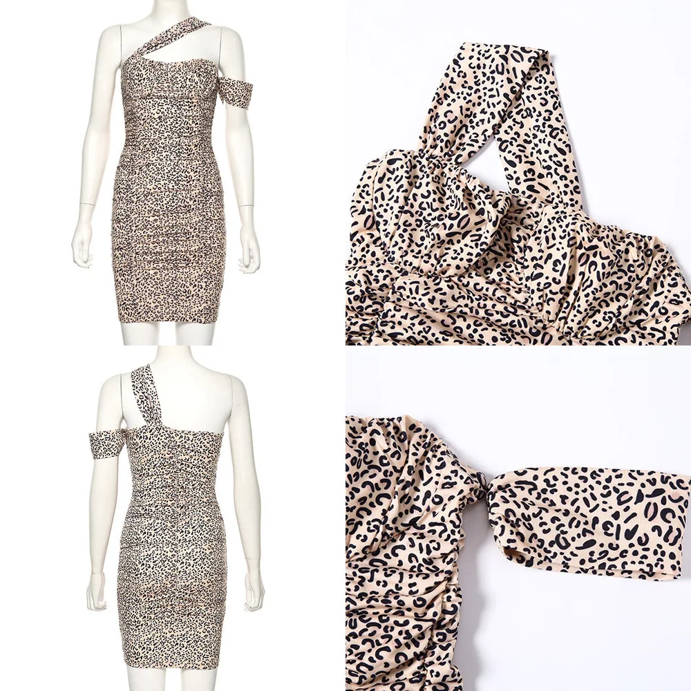 Dressmecb autumn slash neck spaghetti strap mini dress women strapless sleeveless leopard sexy night club party 2019 | Женская одежда