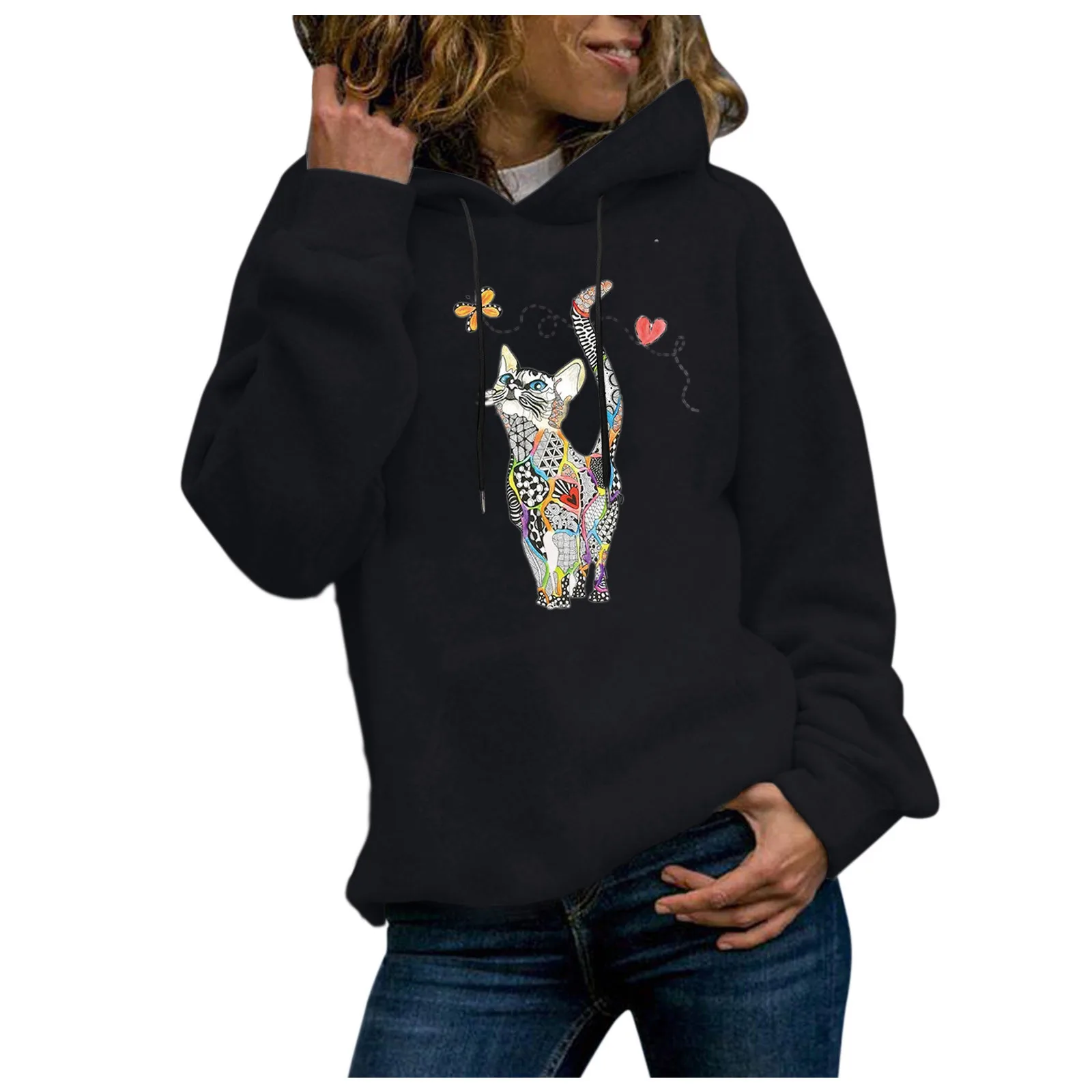 59# Women Fashion Tops Blouse 2021 Lady Long Sleeve Cat Print Hoodie Sweatshirt Jumper Hooded Pullover Solid Color Blouse