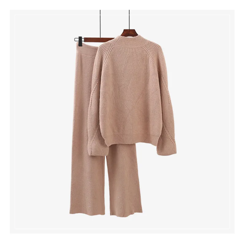 

2 шт. пуловер свитер + трикотажные широкие брюки костюм женские свободные водолазки пуловер свитер и широкие брюки