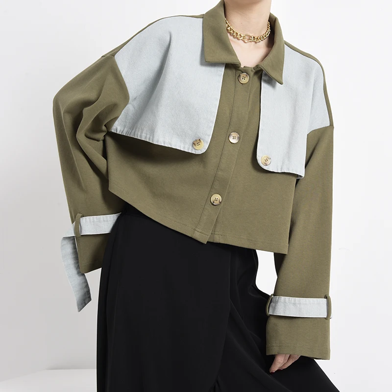 

[EAM] Loose Fit Green Pattern Printed Big Size Jacket New Lapel Long Sleeve Women Coat Fashion Tide Spring Autumn 2021 1Y26806