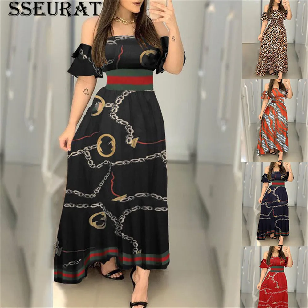 

SSEURAT Women Elegant Off Shoulder Vintage Slash Neck Ruffle Print Loose Casual Short Sleeve Long Party Maxi Dress