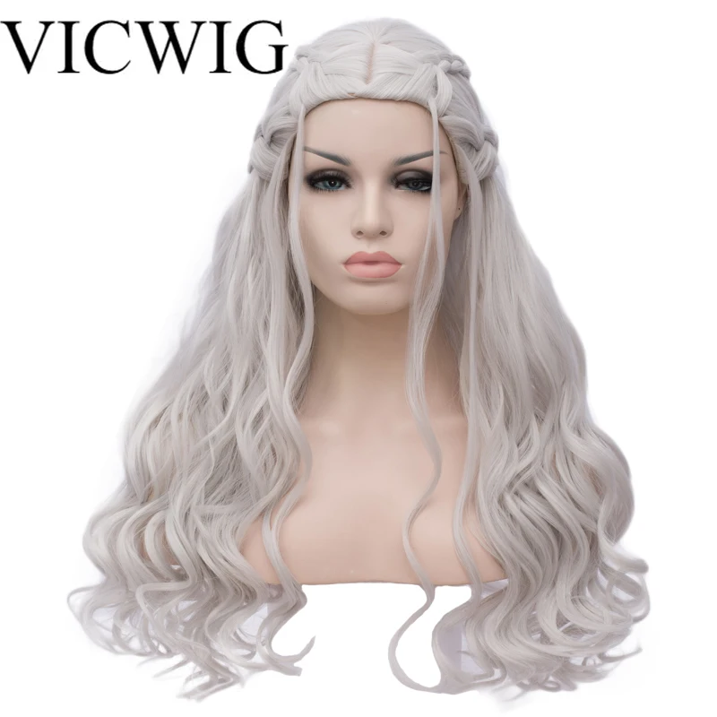 VICWIG Cosplay Wig White Grey Synthetic Braid Hair Long Curly Blonde Gold False Fake Wire Rose Net Wig for Women