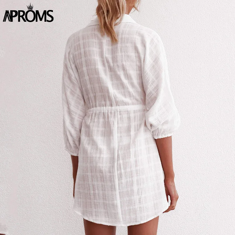 Aproms, элегантное белое платье-рубашка в клетку, женские осенние свободные платья с коротким рукавом, большой размер, уличная одежда, повседневная туника, хлопковое платье
