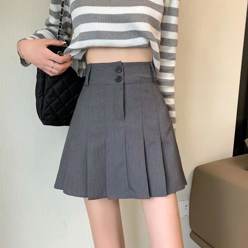 

HOUZHOU Vintage Pleated Skirt Women Korean Style Kawaii High Waist Button A-line Mini Skirts for Girls Causal Preppy Style