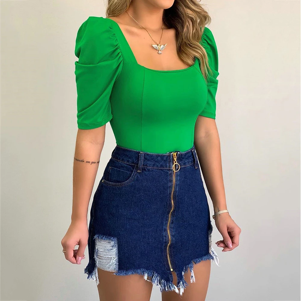 Женская футболка Однотонная с пышными рукавами топы Женский пуловер весна-лето