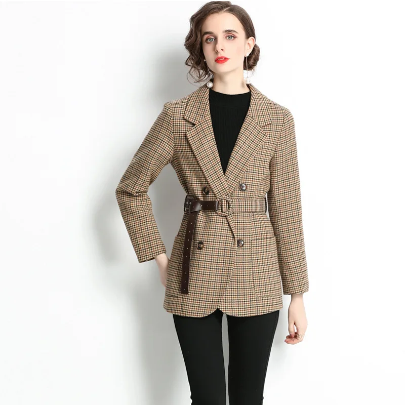 

Женский костюм-пальто в мелкую клетку, осенне-зимняя одежда в британском стиле, закрывающий Топ средней длины в стиле ретро, 2021