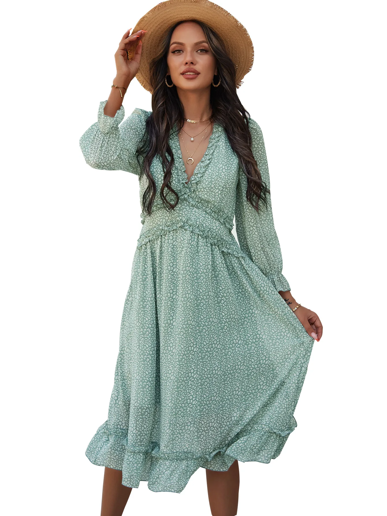 

2021 Summer New Women's Clothing V-neck Floral Chiffon Sweet Elegance Dress