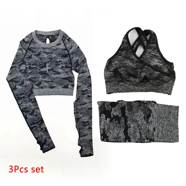 Black 3Pcs Set 3 шт., камуфляжный бесшовный комплект для йоги, женская одежда для тренировок, бюстгальтер с эффектом омбре, топы с длинными рукавами, леггинсы, спортивный комплект для фитнеса, женская спортивная одежда - Цвет: Black 3Pcs Set