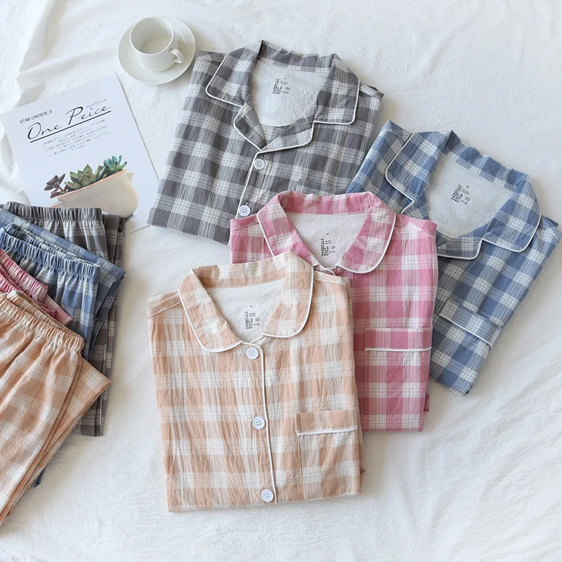 

Autumn New Men's Casual Plus Size Pajamas Two-piece Suit Four Seasons Thin Cotton Washed Cotton Couple Plaid Print Home Service