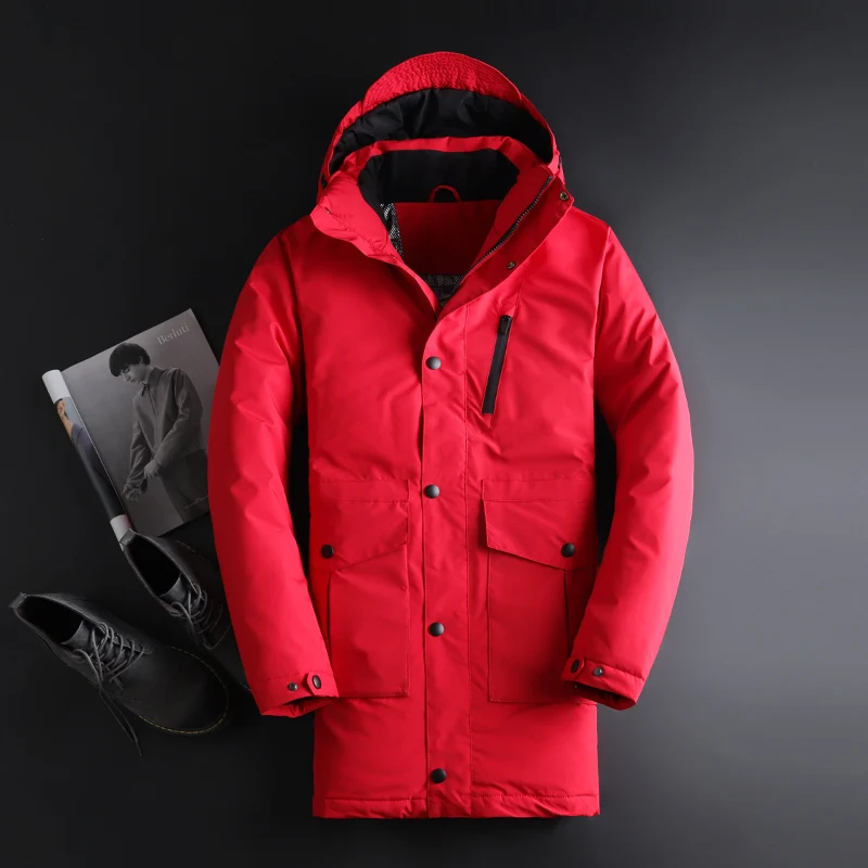 Мужская длинная куртка на утином пуху с капюшоном Утепленная зимняя теплая