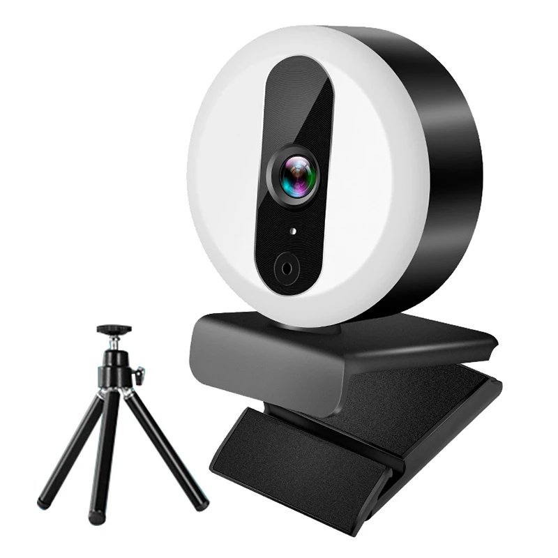 

2K Webcam With Contact Ring Light, Tripod Noise Reduction Microphone Plug And Play USB Computer Camera