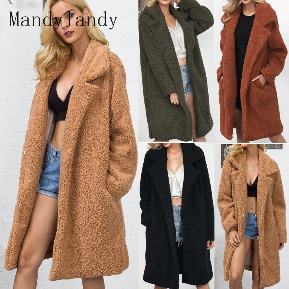 

Женское зимнее теплое плюшевое пальто Mandylandy, длинная куртка из искусственного меха с лацканами, пушистые пальто, пальто