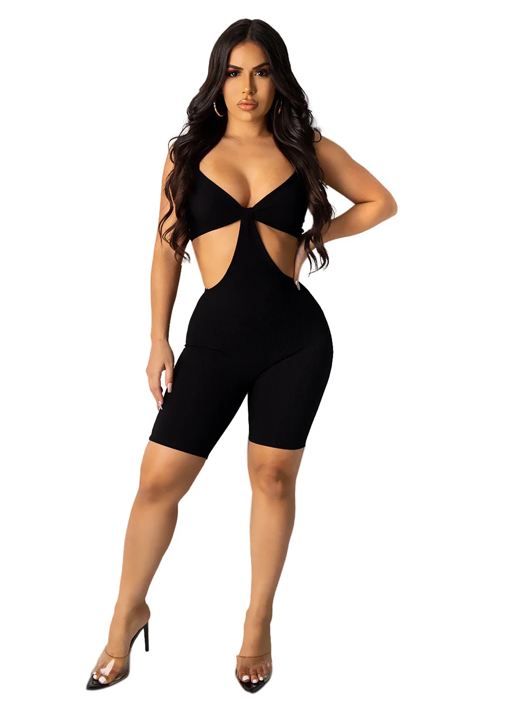 

RT Sexy Women Ribbed Jumpsuit Spaghetti Strap Top Short Pants Rib Bodysuit High Elasticity Raised Lines Pattern Outdoor Wear