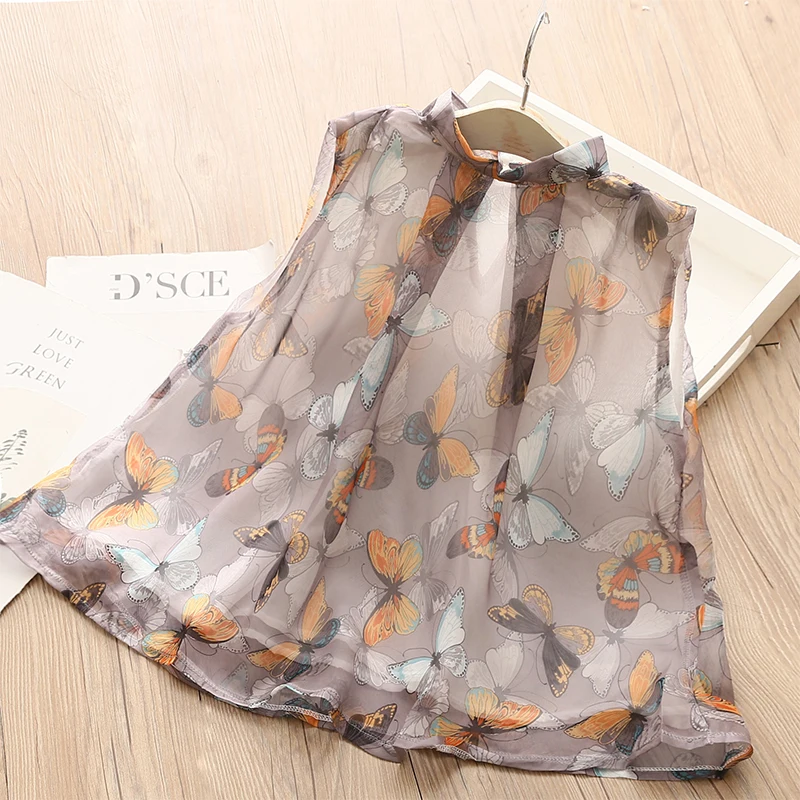 

2023 Summer New Fashion 2 3 4 5 6 8 10 Years Sweet Stand Collar Sleeveless Floral Thin Blouse Chiffon Shirt For Baby Kids Girls