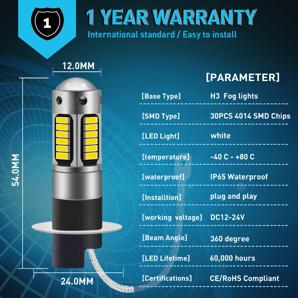 2X H3 H1 светодиодный супер яркий 30 4014SMD Противотуманные фары для автомобиля 12 в 6000 К