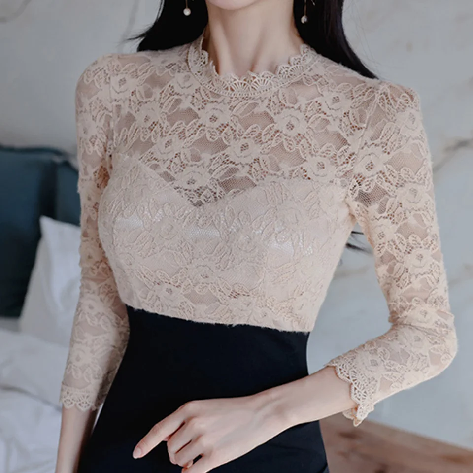 Женское офисное платье весеннее привлекательное Кружевное облегающее черное