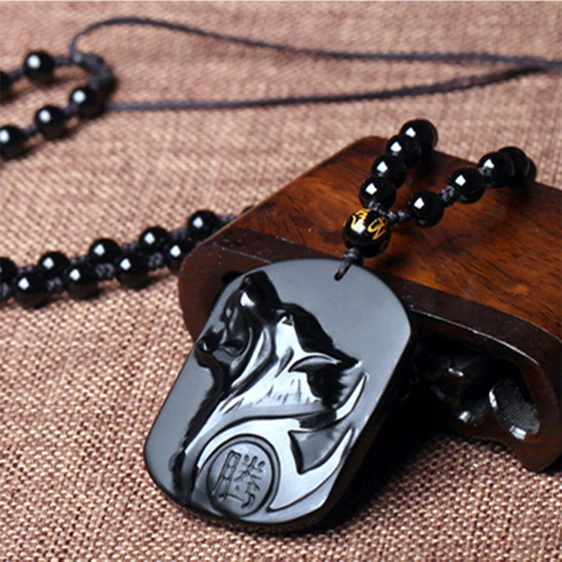 Черная обсидиан волк тотемная Подвеска Ожерелье для мужчин дикая природа