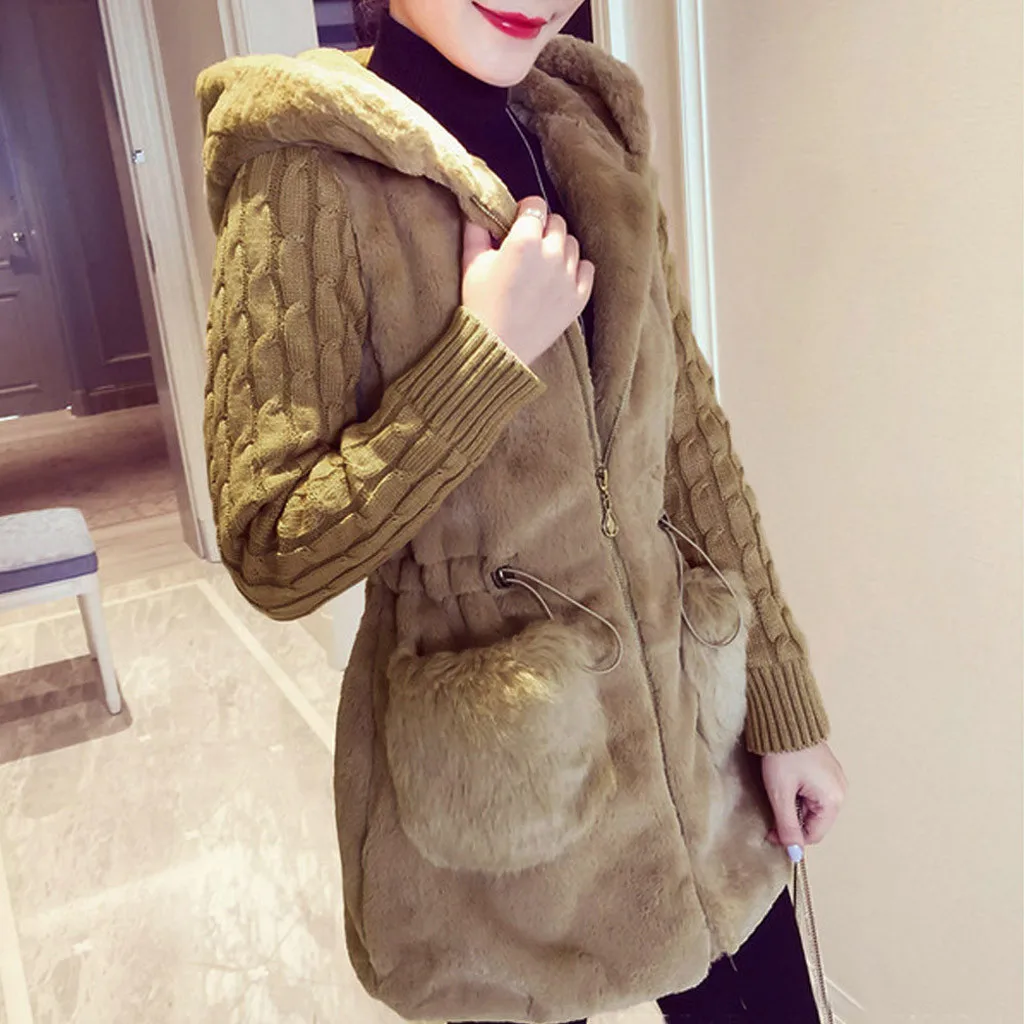 

Fashion women's solid color knitted plush hooded coat Women Winter Cardigan Knitting Plush Hoodies Jacket Warm Outerwear Coat