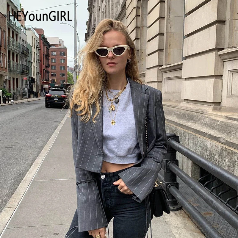 HEYounGIRL полосатый Повседневный блейзер в полоску Женский шикарный галстук с длинным рукавом укороченный костюм куртка женская элегантная винтажная куртка осень