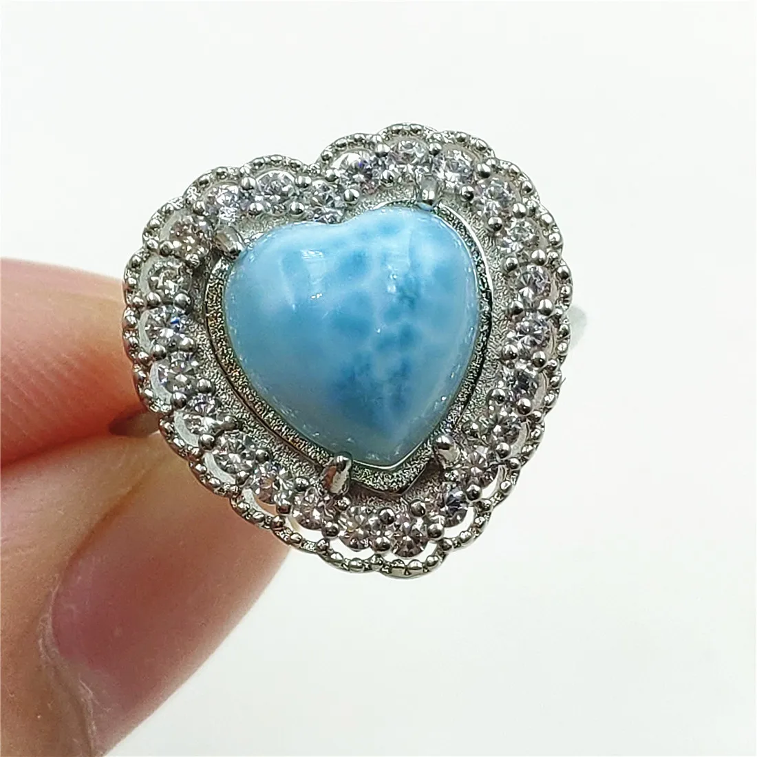 

10x10mm Namibia Natural Larimar Blue Dominia Heart Adjustable Ring Water Pattern Larimar 925 Sterling Silver AAAAAA
