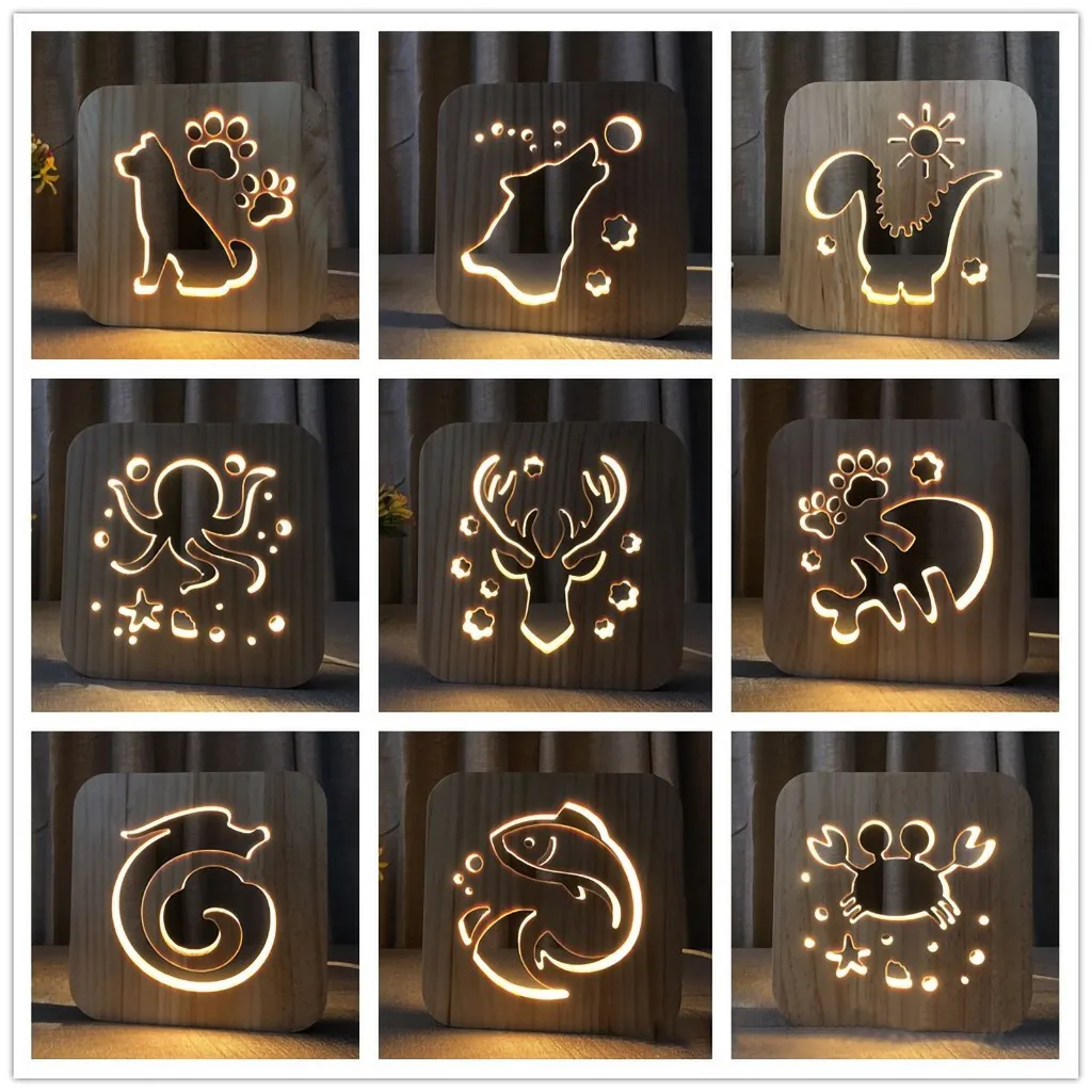 

Firya Wooden LED Elk Fish Crab Dinosaur Animal Night Light Luminaria Pet Shaped 3D Desk Lamp USB Powered For Baby Christmas Gift