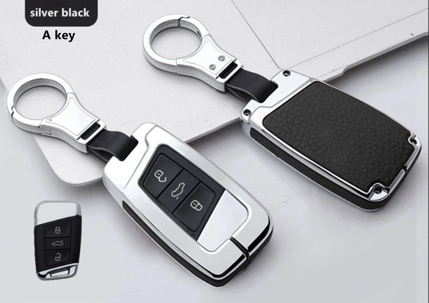 A key silver black Высококачественный автомобильный кожаный и металлический чехол для ключей, брелок для Volkswagen Tiguan MK2 CC Passat B8 для Skoda A7 Octavia Superb - Название цвета: A key silver black