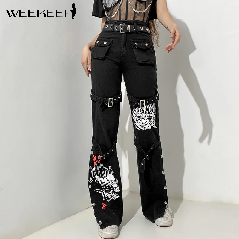 

Weekeep Harajuku Women Jeans Streetwear High Waist Hip Hop Fashion Trouser Gothic Print Buckle Loose Straight Casual Denim Pants