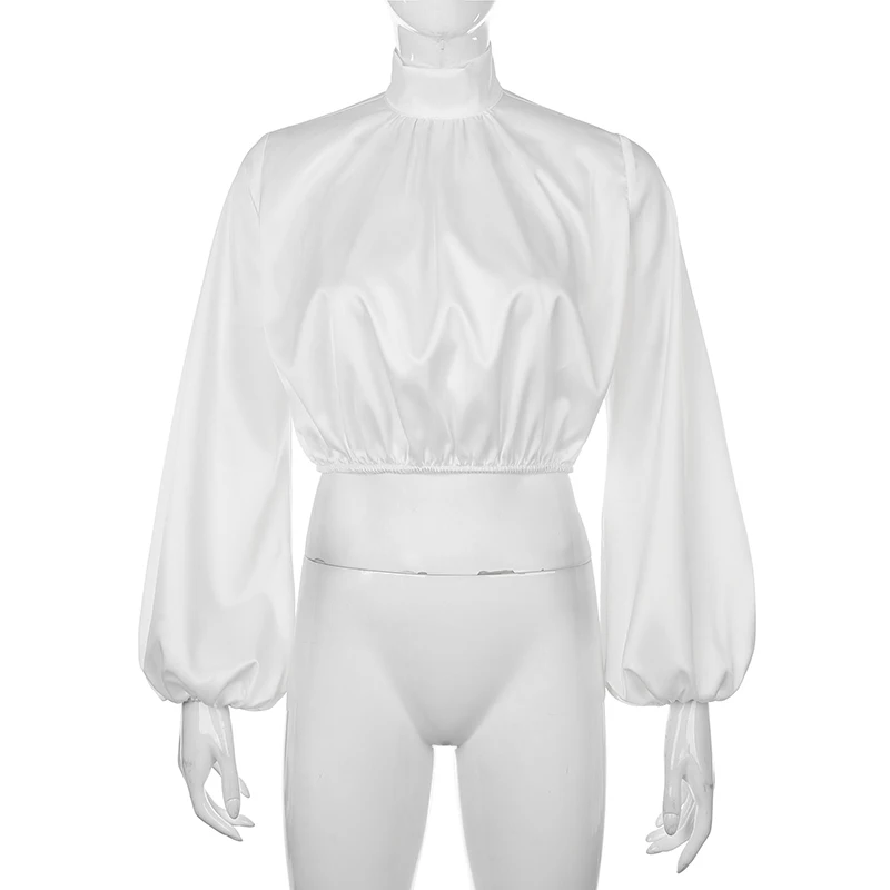 Fashion Elegant Puff Sleeve Satin Tshirt Women Turtleneck Office Ladies T-shirts Femme Pleated Slip Casual Tee Tops Cteandpsycho | Женская