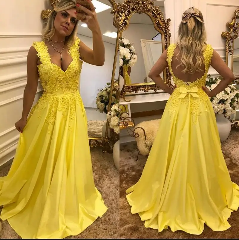 

New Arrival Yellow Lace Pearls Long Prom Dresses 2020 Custom Made Back Open Satin Formal Evening Dress Cheap Party Gowns